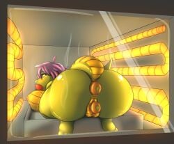 4_toes anal anal_sex anthro apple appliance ass carrot character_prepared_as_food eyebrows feet food food_fetish food_gag food_insertion food_play fruit gag genitals green_body hair hi_res imminent_death improvised_sex_toy inside kitchen_appliance lizard multicolored_body nipples non-mammal_nipples oven oven_tray penetration pink_nipples pink_vulva plant purple_eyes purple_hair reptile scalie solo tail toes vaginal_penetration vegetable vulva waynekan