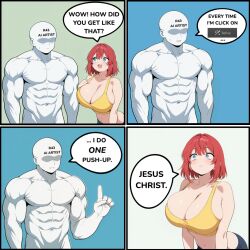 1boy abs ai_assisted bald bangs blue_eyes blush breasts cleavage comic crop_top english_text faceless faceless_male female huge_breasts krita_program male medium_hair meme meme_reference muscular muscular_male navel open_mouth red_hair short_hair smile speech_bubble