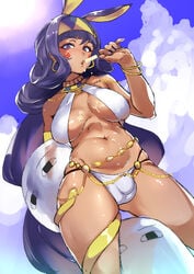 1futa absurdres animal_ears belly_chain bikini breasts bulge bunny_ears dark_skin earrings facial_mark fate/grand_order fate_(series) food futa_only futanari hairband halter_top halterneck highres intersex jewelry long_hair looking_at_viewer medium_breasts medjed navel necklace nimji nitocris_(fate/grand_order) pokkora popsicle popsicle_melting purple_eyes purple_hair sexually_suggestive solo swimsuit third-party_edit very_long_hair