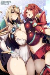 2girls armor asymmetrical_docking bangs blonde_hair blush breast_press breasts center_opening character_name cleavage dress eyebrows_visible_through_hair fingerless_gloves gloves hair_ornament hand_on_own_chest highres jewelry kamaboko_(ossann0125) large_breasts leotard long_hair looking_at_viewer midriff multiple_girls mythra navel nintendo open_mouth panties pantyshot pyra red_eyes red_hair short_hair simple_background smile swept_bangs symmetrical_docking underwear vambraces white_background xenoblade_(series) xenoblade_chronicles_2 yellow_eyes