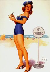 1girls beach beach_background earl_moran english_text female female_only ginger no_parking_sign police police_badge police_hat police_officer police_uniform policewoman punishment text ticket uniform