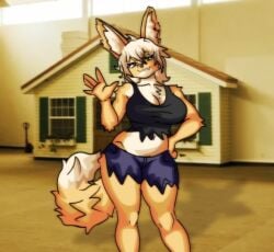 1girls anthro anthro_female big_ears black_topwear blonde_hair breasts brown_eyes chetoh cleavage clothed clothed_female coyote coyote_ears coyote_girl coyote_tail fang female female_focus female_only fluffy_tail fur furry furry_female furry_only hair hand_on_hip oc original original_character photo_background shorts solo solo_female solo_focus tan_fur