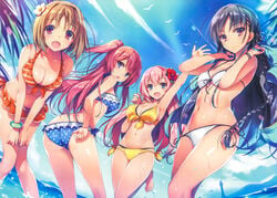 4girls :d adjusting_clothes adjusting_swimsuit arm_up armpits arms_up ass bangs bare_arms bare_legs beach_background black_hair blue_bikini blue_eyes brown_hair classroom_of_the_elite flower_in_hair horikita_suzune ichinose_honami_(cote) kushida_kikyou multiple_girls orange_bikini pink_hair purple_eyes sakura_airi schoolgirl tomose_shunsaku white_bikini yellow_bikini youkoso_jitsuryoku_shijou_shugi_no_kyoushitsu_e