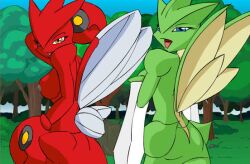 anthro anthro_only breasts day female female_anthro female_only female_pokemon forest furry furry_female furry_only looking_at_viewer looking_back naked naked_anthro naked_female nin10doh nintendo nude nude_anthro nude_female outdoors pokemon pokemon_(species) scizor scyther