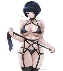 1girls artist_name artist_signature bangs big_breasts blue_fur blush breasts breasts_apart brown_eyes dominant_female dominatrix eyebrows eyebrows_behind_hair female femdom heart holding_whip large_breasts looking_at_viewer persona persona_5 revealing_clothes short_hair tae_takemi thick_thighs thighhighs tommietomm whip white_background