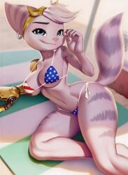 1girls ai_generated american_flag_bikini beach bikini blue_eyes cybernetic_arm cybernetic_limb cybernetics cyborg cyborg_girl female female_focus headband hi_res hires hourglass_figure lying_down narrow_waist ratchet_and_clank rivet_(ratchet_and_clank) robotic_arm solo solo_female underboob upscaled wide_hips yellow_headband