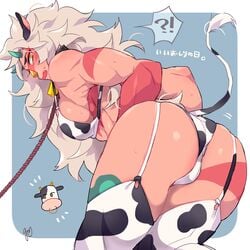 ! 1girls ? abs alternate_breast_size alternate_outfit bent_over big_breasts blonde_hair bondage clothes collar cow_ears cow_print cowbell eye_contact female female_only femsub garter_straps gem_(species) gram_quartz half-closed_eyes jasper_(steven_universe) large_breasts leash looking_at_viewer looking_back muscular muscular_female muscular_sub orange_skin panties pet_play red_skin sideboob solo steven_universe text thick_thighs thighhighs watermark wide_hips yellow_eyes