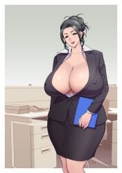 1girls big_breasts blouse border breasts breasts_out_of_clothes business_suit cleavage collarbone curvy enormous_breasts eyelashes eyeliner female female_only formal formal_wear hair_bun huge_breasts indoor lipstick long_hair looking_at_viewer makeup massive_breasts mature_female milf nipples nipples_visible_through_clothing no_bra office office_clothing office_lady original original_character ring shirt skirt smiling tatsunami_youtoku thick_thighs wedding_ring white_border wide_hips wife