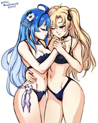 2girls artist_name azur_lane blonde_hair blue_hair bra breasts cleveland_(azur_lane) closed_eyes clothing colored_sketch dated eagle_union_(azur_lane) female female_only hair helena_(azur_lane) light-skinned_female light_skin long_hair minacream multiple_girls panties signature simple_background video_games