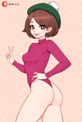 1girls :p armpits ass back bodysuit breasts brown_eyes brown_hair clothed clothes eye_contact female female_only gloria_(pokemon) hat human leotard looking_at_viewer looking_back nintendo patreon pink_bodysuit pokemon pokemon_ss pose shellvi short_hair solo text thigh_gap tongue tongue_out v watermark wide_hips