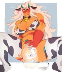 1girls alternate_breast_size alternate_outfit ass big_ass big_breasts blonde_hair blush bottle cleavage clothed clothes collar cow_ears cow_print cow_tail cowbell female female_only garter_straps gem_(species) half-closed_eyes holding jasker_(artist) jasper_(steven_universe) large_ass large_breasts looking_away orange_eyes orange_skin red_skin solo spread_legs steven_universe thick_thighs thighhighs wide_hips