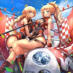 2girls automobile blonde_hair blue_eyes blush braid breasts car fate/apocrypha fate/grand_order fate_(series) female female_only green_eyes hair_ornament jeanne_d'arc_(fate) mordred_(fate) motor_vehicle navel ohako race_queen thighs