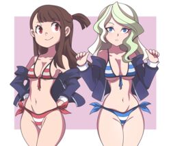 2girls abysswatchers akko_kagari atsuko_kagari bikini blonde_hair blue_bikini blue_eyes blue_striped_bikini breasts brown_hair diakko diana_cavendish female female_focus female_only green_highlights kagari_atsuko little_witch_academia multiple_females multiple_girls navel red_bikini red_eyes red_striped_bikini side_by_side striped_bikini stripes studio_trigger swimsuit