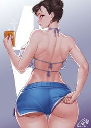 1girls adjusting_clothes ass back big_breasts bubble_butt capcom chun-li cup female female_focus female_only fully_clothed gonster hair_bun holding_object huge_breasts large_breasts long_hair looking_at_viewer looking_back shorts street_fighter tagme thigh_gap