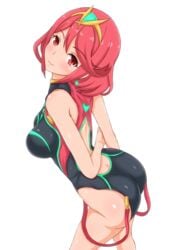 1girls :3 ass bare_arms bare_shoulders black_swimsuit blush breasts casual_one-piece_swimsuit competition_swimsuit erect_nipples female hair_between_eyes headgear kilikasumi large_breasts looking_at_viewer looking_back matching_hair/eyes nintendo one-piece_swimsuit pyra red_eyes red_hair sepia_(kilikasumi) short_hair sideboob smile solo standing swimsuit xenoblade_(series) xenoblade_chronicles_2