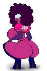 afro areola areolae artist_signature ass big_ass big_breasts big_butt blue_boots boots breasts breasts_out cartoon_network cleavage cropped_shirt crystal_gem curly_hair dark_hair elbow_gloves fat_ass garnet_(steven_universe) gem gem_(species) gem_fusion glasses high_heel_boots kneehigh_boots large_ass large_breasts lips long_boots long_gloves looking_back magenta_skin mostly_nude nipples opaque_glasses opera_gloves pauldrons pink_topwear pranky red_skin shades shadow shoulder_pads sideboob simple_background squat squatting steven_universe tall_boots thick_ass thick_thighs visor voluptuous wide_hips