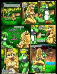 2019 anthro areola balls blonde_hair blue_eyes bodily_fluids breasts closed_eyes clothing comic crown duo english_text fangs female green_body green_yoshi hair hi_res horn kitsune_youkai koopa male mario_(series) multicolored_body nintendo nipples nude open_mouth page_12 princess_koopa princess_peach scalie speech_bubble super_mario_bros. super_mario_world sweat sweatdrop teeth text tongue torn_clothing two_tone_body video_games white_body yellow_body yoshi