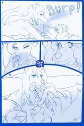 2019 anthro bodily_fluids breasts burping canid canine canis cev collar comic drooling duo female female/female fur hair hi_res macro mammal nipples nude open_mouth saliva size_difference smile surprise tongue tongue_out transformation yuri
