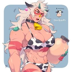 1girls abs alternate_breast_size alternate_outfit big_breasts bikini blonde_hair blush breasts cleavage cow_ears cow_print cowbell female female_only gem_(species) gram_quartz half-closed_eyes holding horns jar jasper_(steven_universe) large_breasts midriff milk muscular muscular_female navel orange_skin pose red_skin solo standing steven_universe text thick_thighs watermark wide_hips yellow_eyes