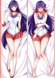 barefoot bishoujo_senshi_sailor_moon blush breasts choker clothing dakimakura dakimakura_design earrings female female_only gloves high_heels isao leotard rei_hino ribbon sailor_mars sheer skirt small_breasts solo