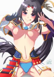 :p armor armpits ass_visible_through_thighs black_hair blue_eyes blush breasts fate/grand_order fate_(series) female hat irc lifted_by_self long_hair looking_at_viewer navel nipples scalizo scalizo_art side_ponytail smile solo spread_legs tongue tongue_out ushiwakamaru_(fate/grand_order) very_long_hair