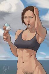 abs armpits arms_up athletic athletic_female bare_midriff beach blue_eyes bottomless brain_freeze breasts brown_hair busty cleavage crop_top drooling eyelashes female female_focus female_only happy_trail hourglass_figure ice_cream long_hair mouth_open ngmi pinup ponytail pubic_hair pubic_hair_peek ribs solo sports_bra standing tagme tied_hair tongue tongue_out wide_hips