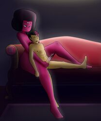 3_eyes abs afro areolae artist_name artist_signature black_hair breasts cartoon_network cartoonsaur completely_naked completely_nude completely_nude_female completely_nude_male cradle_position cradling crystal_gem cum cumming dark_hair eyes_closed feet furniture garnet_(steven_universe) gem gem_(species) gem_fusion half-closed_eyes handjob heterochromia light-skinned_male light_skin lips loveseat magenta_skin mouth_open multi_eye nipples reach_around ruby_(gem) shading simple_background sitting sitting_between_legs sitting_down size_difference steven_universe straight thick_thighs tits wide_hips