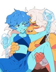 2girls armpits big_hands blonde_hair blue_eyes blue_hair blue_skin blush bondage chains clenched_teeth clothed exotic_colors female female_only gem_(species) half-closed_eyes holding hydrokinesis jasper_(steven_universe) lapis_lazuli_(steven_universe) large_breasts larger_female leg_up lifting_person long_hair midriff nano8__8 orange_skin red_skin restrained short_hair size_difference small_breasts smaller_female smile spread_legs steven_universe teeth tongue tongue_out water_chain watermark yellow_eyes yuri