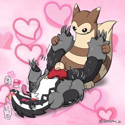 1boy 2019 ambiguous_gender blush bodily_fluids claws cock_and_ball_torture compression_artifacts domination feet feral foot_on_penis footjob furret furry genital_torture heart japanese_text knot lying male mammal nekoyama nintendo obstagoon on_back pawjob paws penis pink_background pokémon_(species) pokemon pokemon_gsc pokemon_ss red_penis reverse_wheelbarrow_position shaking simple_background stomping tears text tongue tongue_out trembling video_games