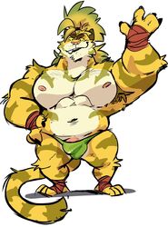 clothing cute_fangs felid hair haps hi_res loincloth macan_(tokyo_afterschool_summoners) magan male male_only mammal muscular muscular_male navel nipples pantherine pecs penis penis_base ponytail tiger tokyo_afterschool_summoners video_games