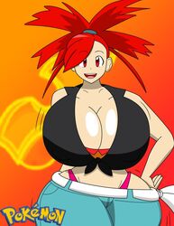 1girls alternate_breast_size big_breasts cleavage eye_contact female flannery_(pokemon) flannery_(pokemon_oras) gym_leader huge_ass huge_breasts human human_only hyper hyper_breasts igphhangout large_breasts long_hair looking_at_viewer naughty_face nintendo orange_background panties pants pink_panties pokemon pokemon_oras pokemon_rse ponytail pose red_eyes red_hair seductive seductive_smile shirt smile solo source_request text thick_thighs wide_hips