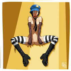 1girls areolae atlus breasts female female_only functionally_nude hat marie_(persona_4) megami_tensei mostly_nude naked_footwear naked_gloves naked_stockings nipples persona persona_4 persona_4_the_golden pussy reabault solo spread_legs striped_legwear thighs video_games