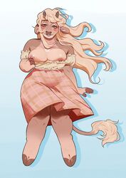 anthro big_breasts blush bovid bovine breasts cattle clothing dress dress_pull female flashing hi_res hooves horn horns looking_at_viewer mammal megumigoo nipples simple_background slightly_chubby solo white_background