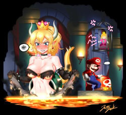 1boy 2girls angry big_breasts blonde_hair bowsette convenient_censoring crown female functionally_nude genderswap horns jazzjack lava looking_back male mario mario_(series) melting_clothes multiple_girls new_super_mario_bros._u_deluxe nintendo princess_peach super_mario_bros. tail torn_clothes volcanic_setting