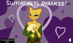 anthro bedroom_eyes bethesda_softworks blush breast_fondling breasts clothed clothing felid feline female fondling gravyfox half-closed_eyes hand_on_breast katia_managan khajiit mammal partially_clothed prequel seductive solo text the_elder_scrolls undressing video_games webcomic