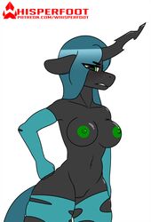 2019 animated anthro areola armwear arthropod blush breasts changeling clothing crossed_arms digital_media_(artwork) female friendship_is_magic green_eyes green_nipples hair hi_res horn long_hair looking_at_viewer my_little_pony navel nipples pussy queen_chrysalis_(mlp) simple_background solo whisperfoot white_background