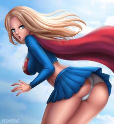 1girls artist_logo big_breasts blonde_hair blue_eyes blue_skirt breasts cape costume curvy_body curvy_female curvy_figure daytime dc deviantart_username female female_only flowerxl heroine in_sky kara_danvers kara_zor-el kryptonian light-skinned_female light_skin logo long_hair medium_breasts panties panties_showing pink_lipstick red_cape scared scared_expression side_view skirt sky sleeves solo straight_hair supergirl superheroine superman_(series) thick_thighs white_panties