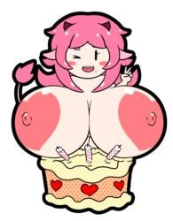 areolae beauty_mark big_areola big_breasts blush breasts bust cake chibi cow_girl cute demon_girl female food gesture heart-shaped_areola heart-shaped_nipples heart_areola heart_nipples heart_shape horns huge_areolae huge_breasts iron-0xide jackie_moo large_areolae looking_at_viewer mob_face no_sclera pink_areola pink_hair pink_nipples sanka-tetsu shortstack small_but_busty solo spade_tail succubus tail_tuft tuft v wink