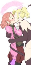 2girls blonde_hair blush closed_eyes demon_girl female_only fluffy_hair haru_okumura kissing megami_tensei multiple_girls persona persona_5 pointy_ears succubus succubus_(megami_tensei) sweatdrop tail yuri