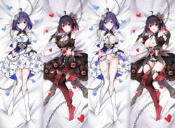 absurdres ahoge asymmetrical_gloves bed_sheet black_flower black_gloves black_hair black_panties blue_butterfly blue_eyes blue_hair blush breasts chains dakimakura dark_persona flower gloves gou_lianlian_dogface heart heart-shaped_pupils heart_cutout highres honkai_(series) honkai_impact_3rd keyhole looking_at_viewer lying medium_breasts multicolored_hair nipples on_back panties pussy_peek red_butterfly red_eyes red_hair red_legwear sample seele_vollerei seele_vollerei_(stygian_nymph) smile symbol-shaped_pupils thighhighs two-tone_hair underwear watermark white_legwear white_panties white_sleeves