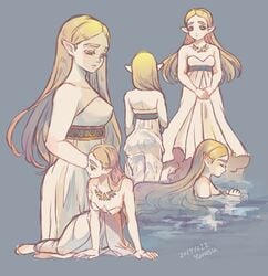 1girls 2017 artist_signature ass blonde_hair breath_of_the_wild dated elf_ears gray_background green_eyes long_blonde_hair long_hair medium_breasts nintendo nipple_bulge praying princess_zelda see-through sideboob solo standing_in_water teenager the_legend_of_zelda the_legend_of_zelda:_breath_of_the_wild transparent_clothing water wet_dress white_dress yunosu zelda's_ceremonial_robes zelda_(breath_of_the_wild)