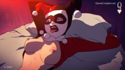 1girls 2019 2d 2d_animation ahe_gao alternate_breast_size animated animated_gif areola areolae batman:_the_animated_series batman_(series) bed big_breasts blue_eyes bouncing_breasts breasts clown clown_makeup dc dc_comics dcau female female_focus female_only fucked_silly gif harley_quinn harley_quinn_(classic) hourglass_figure implied_sex large_breasts nipples pillow queencomplex teeth tongue tongue_out watermark