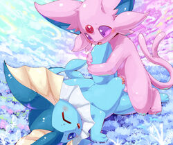 1boy 1girls 2019 3_toes abstract_background absurd_res anthro anthrofied big_ears big_eyes black_nose blue_background blue_eyes blue_fur blue_skin blush bodily_fluids canine clitoris duo eeveelution erection espeon feet feline female feral fins flat_chest forked_tail fur genital_fluids hi_res interspecies kneeling knot leg_up lying male nintendo nude on_side one_eye_closed open_mouth original_character outside paws penetration penis pink_fur plattyneko pokémon_(species) pokemon pokemon_gsc pokemon_rgby purple_eyes purple_fur pussy pussy_juice sex smile spread_legs spreading straight sweat tail thin_tail toes tongue tongue_out vaginal_penetration vaporeon video_games wince