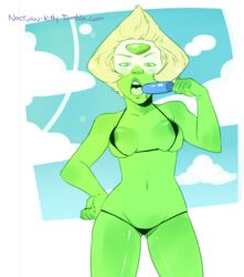 1girls areolae bikini cartoon_network female_only green_skin nocturn-kitty peridot_(steven_universe) popsicle steven_universe swimsuit thong