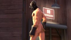 1boy 3d 4k abs ass back_view backsack balls cowboy_shot day erect_nipples gasmask gay gloves hand_on_ass highres looking_at_viewer male male_only mask muscular no_trespassing_sign nude nude_male pecs pyro sfm team_fortress_2 three-quarter_view wallpaper