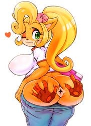 1girls absurd_res anthro ass bandicoot big_ass blonde_hair breasts clothing coco_bandicoot computer crash_(series) disembodied_hands electronics female female_only flower furry furry_only green_eyes hair hair_flower heart highres laptop large_ass mammal matospectoru one_eye_closed orange_fur pants pants_down ponytail sideboob solo video_games