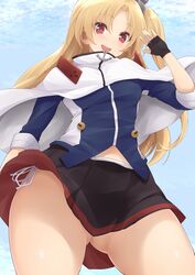 azur_lane bangs black_gloves black_skirt blonde_hair blue_sky blush capelet cleveland_(azur_lane) cloud day eyebrows_visible_through_hair female female fingerless_gloves gloves gluteal_fold head_tilt high_resolution jampen looking_at_viewer looking_down midriff_peek miniskirt one_arm_up one_side_up open_mouth outdoors pantsu parted_bangs pleated_skirt red_eyes side-tie_panties skirt sky smile solo spread_legs string_panties thick_thighs thighhighs thighs underwear viewed_from_below waving white_capelet white_panties white_underwear zettai_ryouiki