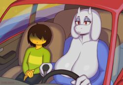 1boy 1girls animated anthro big_breasts bouncing_breasts breasts car chelodoy cleavage cute deep_cleavage deltarune driving female gif goat huge_breasts human kris_(deltarune) large_breasts nervous nervous_male purple_shirt red_eyes suggestive sweat toriel undertale