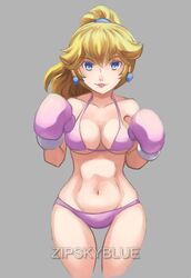 1girls bikini blonde_hair blue_eyes boxing boxing_gloves breasts cleavage curvy earrings female female_only front_view gloves grey_background highres human human_only light-skinned_female light_skin lips lipstick looking_at_viewer mario_(series) medium_breasts navel nintendo pale-skinned_female pale_skin pearl_earrings pink_bikini pink_boxing_gloves pink_gloves ponytail princess_peach simple_background smile solo solo_female standing swimsuit thick thick_hips thick_thighs thighs tied_hair watermark wide_hips zipskyblue