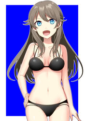 1girls abs alternate_outfit belly bikini black_bikini black_swimsuit blue_eyes breasts brown_hair cleavage eye_contact female green_(pokemon) human human_only leaf_(pokemon) long_hair looking_at_viewer navel pokemon pokemon_adventures pokemon_rgby pose small_breasts smile solo swimsuit thigh_gap wide_hips